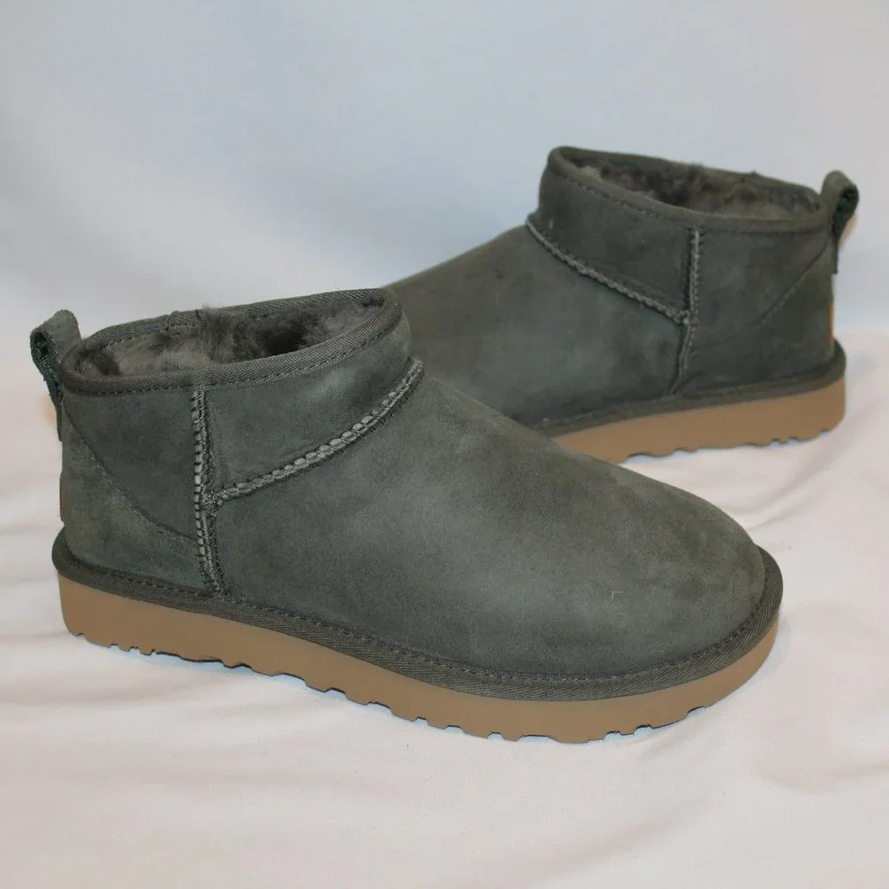 NEW UGG WOMEN'S ULTRA MINI SUEDE SHEARLING LINED ANKLE BOOTS FOREST GREEN 6